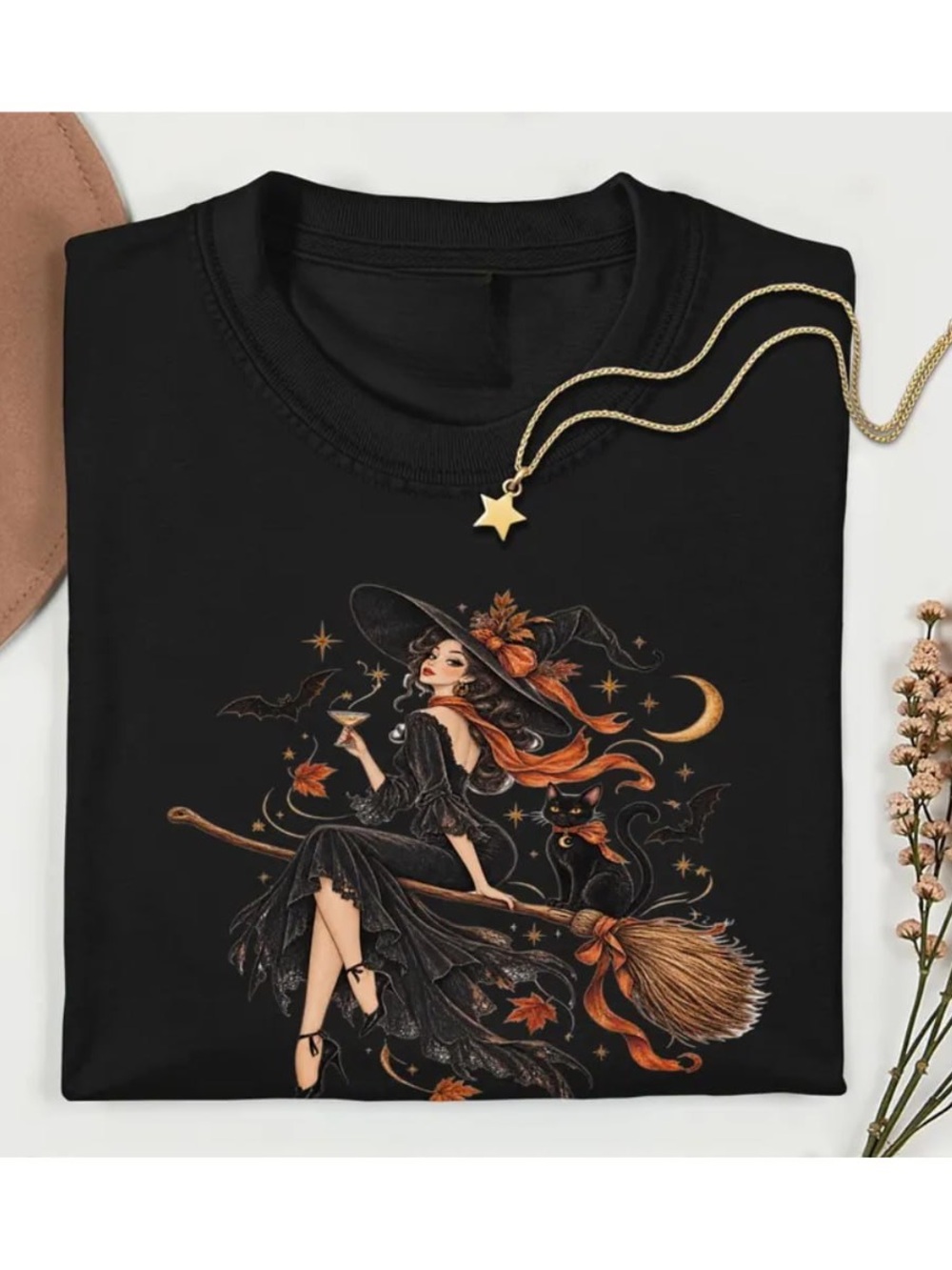 Gildan Black Women's Witch & Cat Graphic Tee with Orange Accents